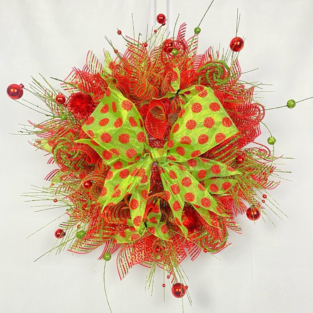 Handmade Christmas Holiday Wreath, Red & Green Colors, Dr. Seuss Inspired Grinch
